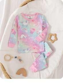 SHEIN 女婴休闲可爱卡通图案针织长袖家居服连体衣套装 - 彩色 - 查看 5