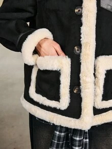 ROMWE Grunge Punk Women's Contrast Color Casual Patchwork Faux Shearling Collar Long Sleeve Jacket - Black - View 7