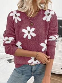 EMERY ROSE Women's Casual Fluffy Flower Pattern Round Neck Drop Shoulder Long Sleeve Knit Pullover Sweater, Autumn/Winter - Rose Red - View 3