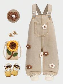 SHEIN 女婴水洗牛仔背带裤，碎花宽松连体裤 - 卡其色 - 查看 2