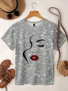 EMERY ROSE 大码女式抽象人脸线条艺术印花休闲圆领短袖T恤，春夏款 - 彩色 - 查看 3