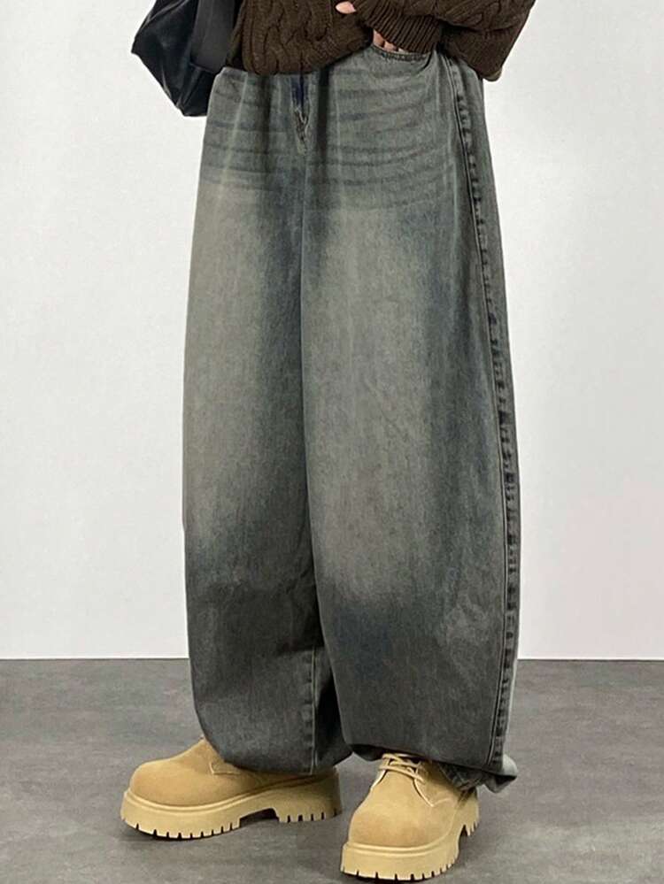 Men's Blue Elastic Waist Distressed Denim Jeans, Spring/Autumn