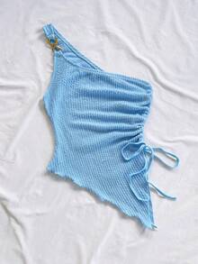 Soleia Áo ba lỗ dệt kim Jacquard họa tiết một bên vai bó sát, xẻ tà, dây rút, nhún bèo, thích hợp cho tiệc tùng, hẹn hò, ngày lễ tình nhân, lễ Phục sinh, lễ hội hóa trang, trà chiều, bãi biển, du ngoạn, giải trí thành phố - Màu xanh lam - Xem 6