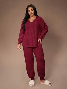 Lazeform Plus Size Knit Ribbed Fleece V-Neck Casual Minimalist Long Sleeve Pajama Set, Suitable For Loungewear - Red - View 3