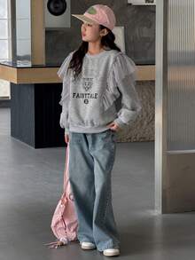 DAZY Tween Girls Crew Neck Fleece Printed Sweatshirt, Fall - Grey - View 4