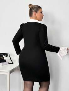 Truni Plus Size Minimalist Color Block Flare Sleeve Bodycon Dress, Suitable For Commuting/Autumn /Winter - Black and White - View 2