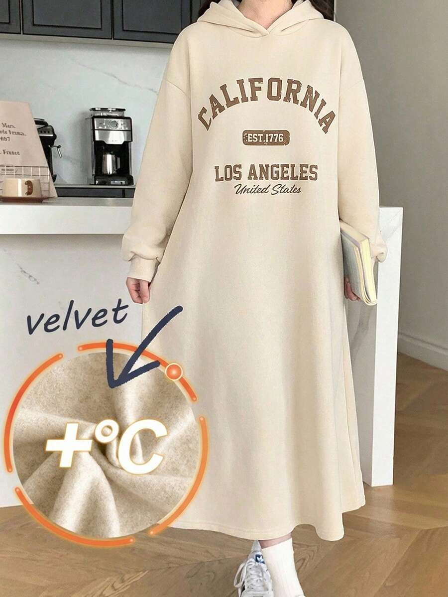 Rochie de fete adolescente, tricotată, cu imprimeu englezesc, cu glugă, lejeră, cu mânecă lungă - Caisă - Vizualizare 1