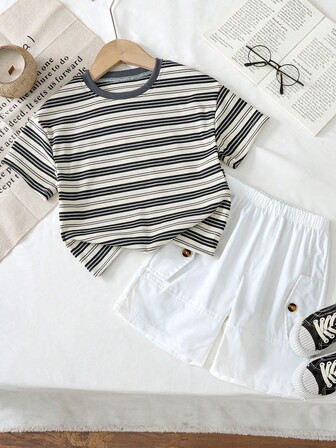 Genkimix Kids 2pcs Genkimix Young Boys Striped Print Casual Round Neck Top + Faux Pocket Decor Solid Color Casual Shorts Set