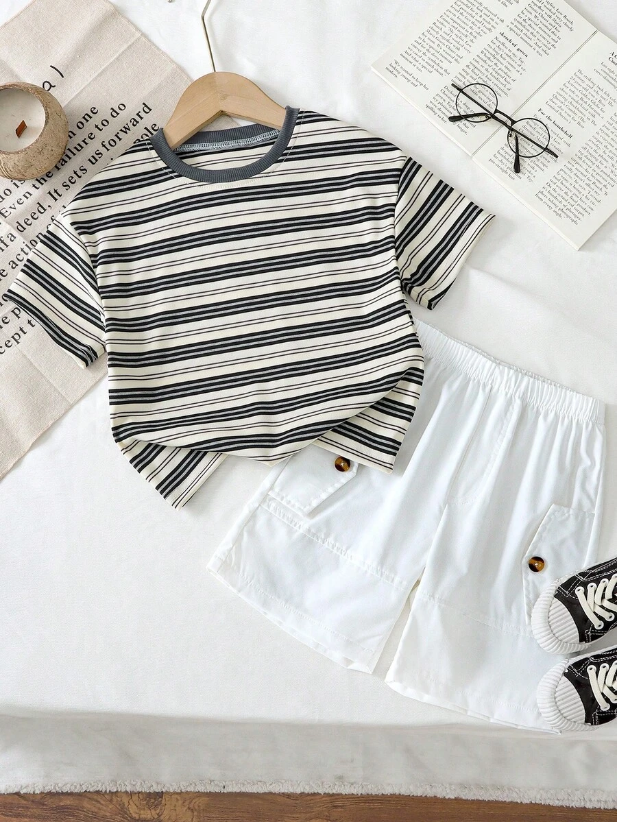 Genkimix Kids 2pcs Genkimix Young Boys Striped Print Casual Round Neck Top + Faux Pocket Decor Solid Color Casual Shorts Set - White - View 1