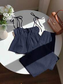 Comfortcana 夏季休闲梭织海军蓝亚麻吊带背心和裤子套装 - 藏蓝色 - 查看 7