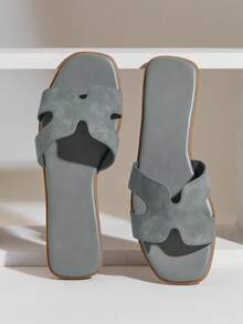 SHUZIA 女士镂空露趾软垫仿麂皮钢蓝色凉拖鞋 – 奢华优雅，舒适易搭 - 灰色 - 查看 7