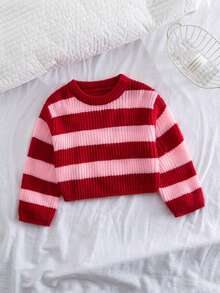 SHEIN Playful Pals 女婴休闲条纹撞色针织衫，长袖，秋冬款 - 紅色 - 查看 5