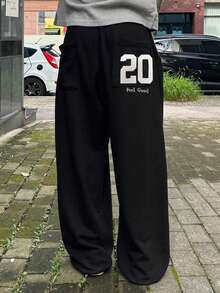 DAZY 男士保暖内衬字母刺绣弹力腰带运动裤，秋冬款 - 黑色 - 查看 5