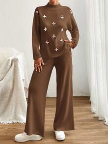 EURMUSE Women Sweater With Pearl Detailed And Knit Pant - Brown - View 3