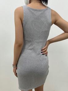 SHEIN LUNE Women Summer V-Neck Pleated Sleeveless Sweater Dress - Grey - View 2