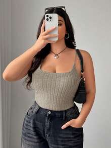 SHEIN EZwear Plus Size Apricot Ribbed Camisole Top With Built-In Bra, Suitable For Early Autumn - Apricot - View 3