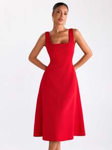 EURMUSE Robe mi-longue à encolure carrée sans manches, buste ajusté avec ourlet évasé, lignes épurées, silhouette minimaliste, style élégant du jour au soir, Saint-Valentin - Rouge - Voir 1