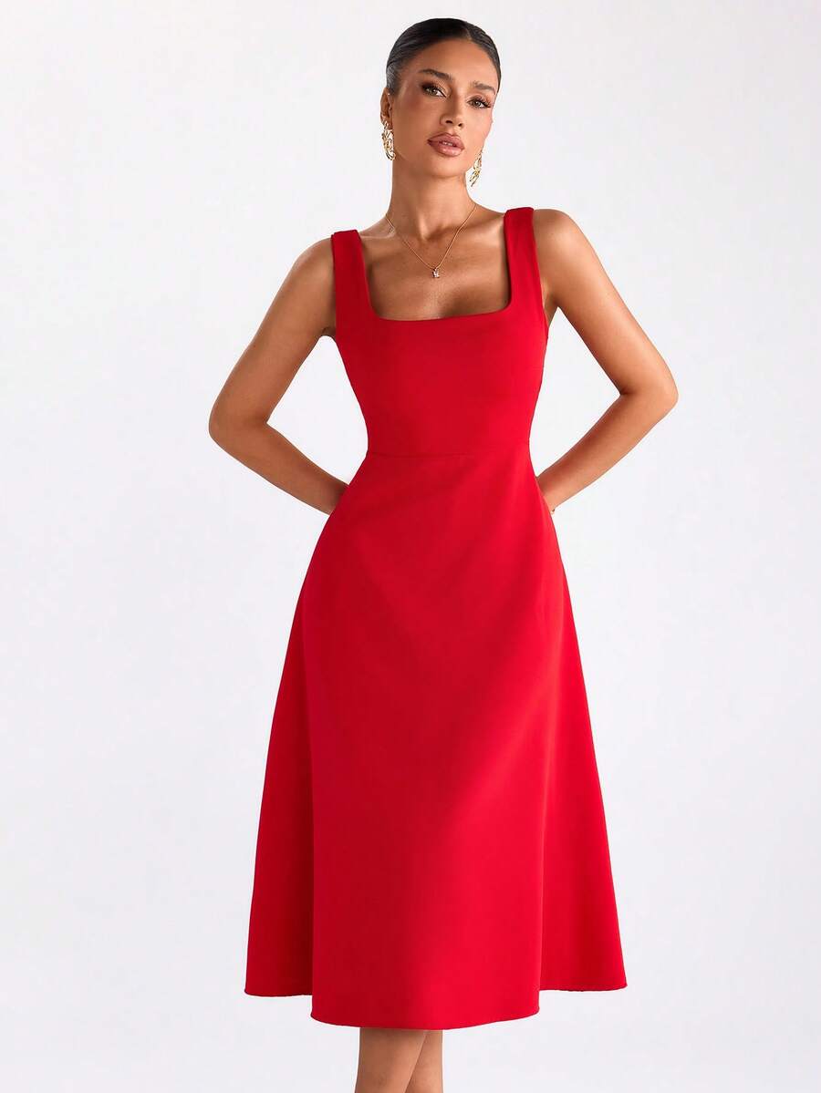 EURMUSE Robe mi-longue à encolure carrée sans manches, buste ajusté avec ourlet évasé, lignes épurées, silhouette minimaliste, style élégant du jour au soir, Saint-Valentin - Rouge - Voir 1
