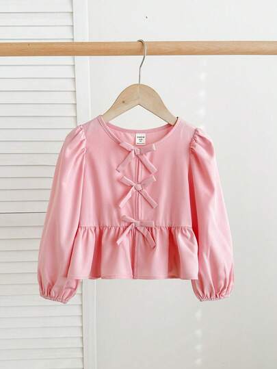 SHEIN LMoss Kids Young Girl's Solid Color Front-Tie Long Sleeve Minimalist Casual Shirt