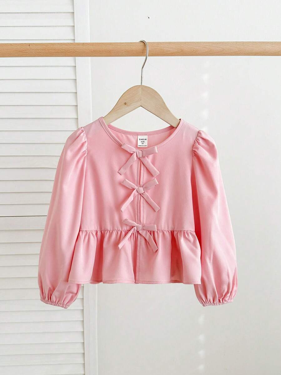 SHEIN LMoss Kids 女童纯色系带长袖简约休闲衬衫 - 淺粉色 - 查看 1