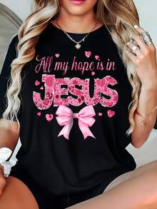 EMERY ROSE Plus-Size Women's Clothing, Loose T-Shirt - All My Hope Is In Jesus, Pink Floral Print With Hearts And Bows, Casual Short-Sleeve Round Neck Party Wear, Suitable For All Seasons - Black - View 1
