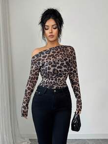 Elenzga Áo thun nữ dài tay in họa tiết tie-dye họa tiết nhún bèo vai thời trang mùa thu 25-30+ - màu nâu - Xem 5