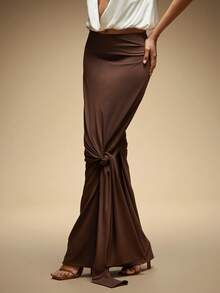 Hauture Chân váy xếp ly chữ A thắt nút bên hông màu trơn thanh lịch dành cho nữ - màu nâu - Xem 2