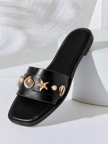 SHUZIA Women's Square Toe Glamorous Sea Shell Decor Cross Band Slip On Sandals Valentine's Day Summer Shoes - Black - View 7
