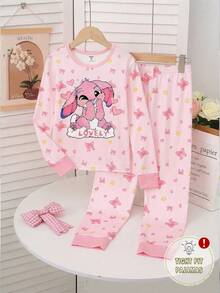 Bộ đồ ngủ dệt kim in hình thỏ hồng dễ thương cho bé gái, áo tay dài cổ tròn mềm mại và co giãn cùng quần dài, đồ ngủ thoải mái. - Màu Hồng baby - Xem 4