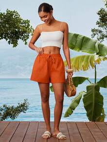 Travachic Women's Solid Color Drawstring Waist Casual Versatile Vacation Shorts - Orange - View 4
