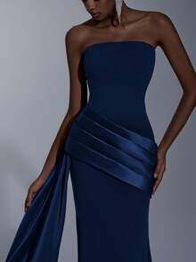 Elitara فستان أنيق، رومانسي، أنيق، بسيط، بنفسجي غامق، قماش مطاطي، رقعة من الساتان، عصري، عطلة، عطلة، حفلة عيد ميلاد، حفل زفاف، عشاء رسمي - أزرق بحري - مشاهدة 2