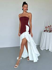 Aloruh 女士时尚优雅撞色荷叶边下摆中长连衣裙 - 酒紅色 - 查看 3