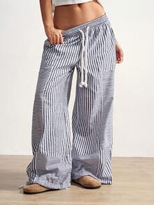 Bohemela Boho Striped Patchwork Loose Wide Leg Pants For Women, Suitable For Spring, Summer, Beach Vacation, Valentine's Day, Music Festival - Grey - View 5
