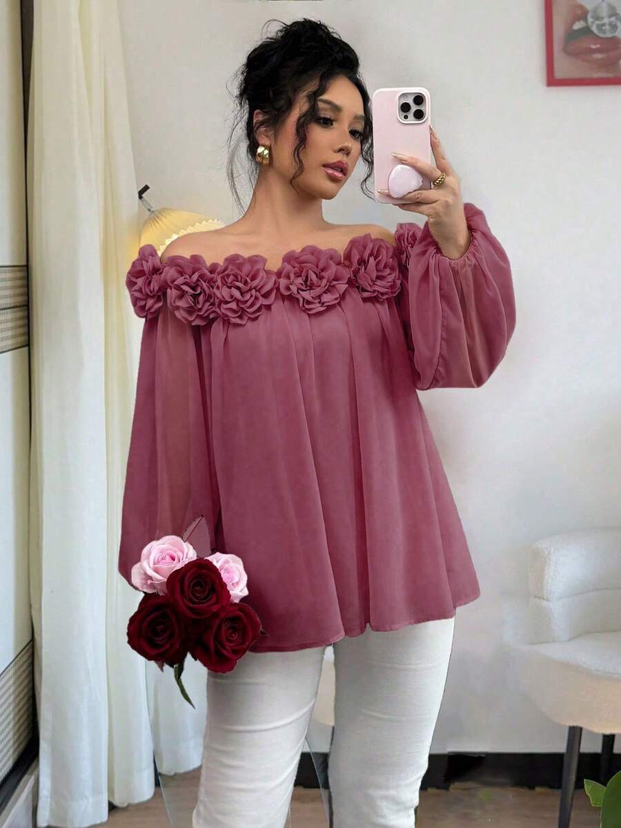 Rafferiza Women's Elegant Off Shoulder Chiffon Blouse, Soft & Smooth Matte Solid Color Fabric With 3D Floral Design, Versatile For Daily, Date, Party Wear Long Sleeve Top - Redwood - View 1