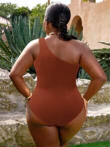Slaydiva Plus Size Women Black Ribbed Cutout Ruched One-Piece Swimsuit, Casual Vacation - Brown - View 2