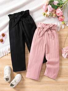 SHEIN 2pcs/Set Girls Textured Fabric Straight Leg Pants, Pink & Black, Comfortable Casual Everyday Wear - Multicolor - View 1