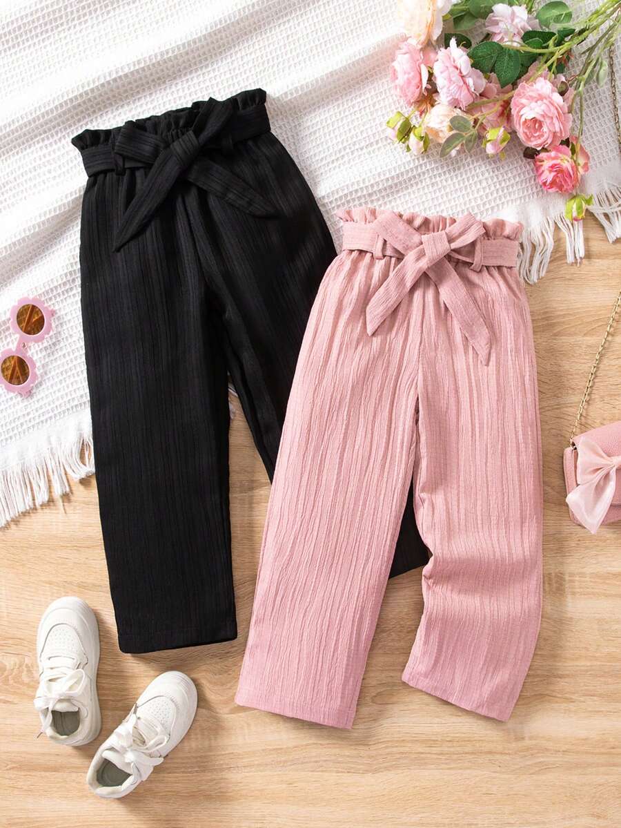 SHEIN 2pcs/Set Girls Textured Fabric Straight Leg Pants, Pink & Black, Comfortable Casual Everyday Wear - Multicolor - View 1