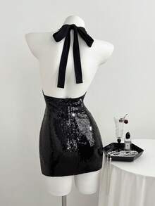 Elamini Women's Summer Sequin Dress - Sexy Deep V-Neck Party Dress For Christmas And New Year - Black - View 2