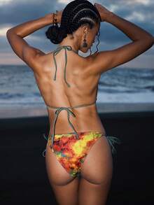 Swim Vcay Women's Yellow Summer Boho Beach Party Holiday Swimwear Set,Colorful Halter Tie Bikini With Gold And Silver Lace Trim,Elegant Sunset Flower Print - Multicolor - View 2