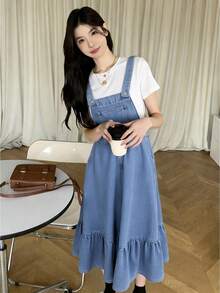 SHEIN 少女时尚休闲 Y2K 复古酷炫街头吊带舒适无弹蓝色可调节宽松牛仔连衣裙，适合少女日常穿着、春夏派对、节日和街头服饰。 - 藍色 - 查看 2