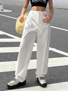 SHEIN EZwear Pantalones rectos y sueltos de color gris casual, unicolor, de talle alto y de pierna larga - Blanco - Ver 4