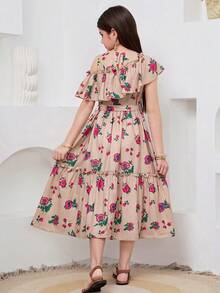 SHEIN Tween Girl Beige Flower Print Asymmetric Ruffle Trim A-Line Waist Belt Deco Khaki Floral Print Dress, Suitable For Girls Festivals, Family Gatherings And Special Occasions, Sibling Outfits Sisters Style Outfit, Cute & Elegant & Sweet & Vintage & Fashionable. Spring And Summer, فساتين بنات, فساتين بنات جلابياتjalabiya  عباياتabaya  الملابس التقليدية العربية - Khaki - View 7