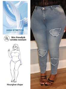 Hourglow Ceceforeign_ Plus Size Women Jeans Skinny Elastic Love Embroidery Trousers Blue Women Jeans Women Mom Jeans Denim Jeans Jeans Pants Jeggings Stretchy Jeans, Fall Women Clothes, For Hourglass Body Shape - Medium Wash - View 8