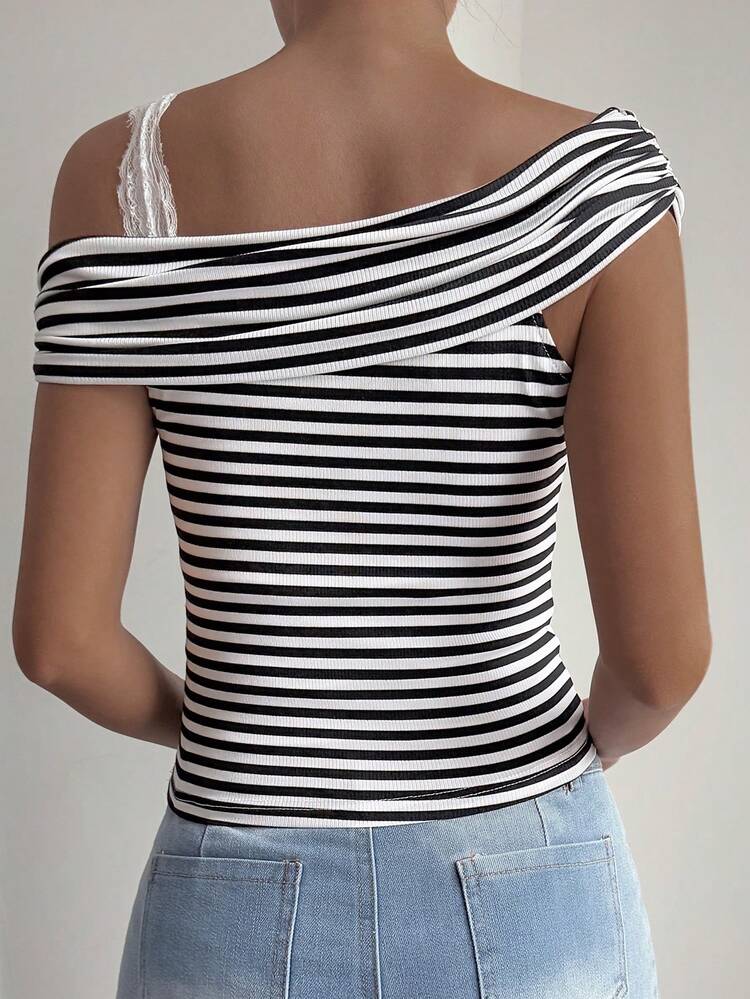 Striped Asymmetrical Shoulder Fitted Casual Cropped T-Shirt For Women Y2k Off The Shoulder