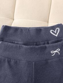 SHEIN 2件套少女休闲保暖高领弹力针织PU字母贴片打底裤，适合日常、居家、上学等多种场合。 - 藏蓝色 - 查看 5