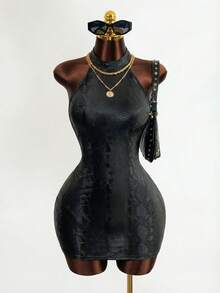 Mistrie 性感露背纯色修身无袖女式迷你连衣裙 - 黑色 - 查看 5