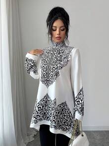 Elenzga 女士优雅黑白撞色高领长袖衬衫，适合派对、新年、复活节、情人节以及秋冬季休闲穿着。 - 黑色 - 查看 4