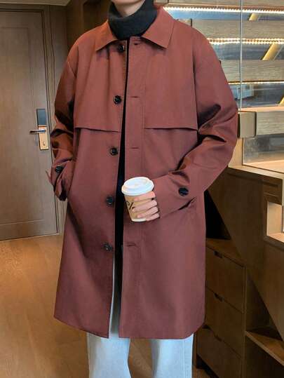 Claim Dot Men's Solid Color Drop Shoulder Long Sleeve Front Button Closure Simple Design Windbreaker Men Long Coat Korean Men Fashion