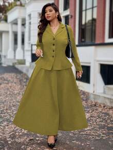 Vionelle 大码女式法式休闲长袖上衣和中长裙两件套，秋冬款 - 橄欖綠 - 查看 8