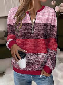 EMERY ROSE Sweatshirt Wanita Ukuran Plus Motif Garis Bertekstur dengan Resleting dan Kerah Bulat, Warna Ungu Tua, Atasan Pullover Lengan Panjang Musim Gugur, Atasan Kasual Elegan untuk Mendaki Gunung di Musim Dingin - MultiWarna - View 1